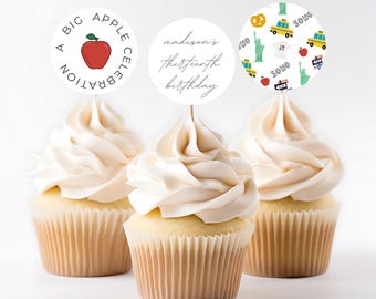 Editable New York City Cupcake Toppers | Trendy NYC Party Cake Decorations | Simple Minimalist Big Apple City | Any Age | Canva Template