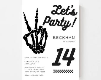 Invitación editable "¡Vamos a la fiesta!" / Estampado a cuadros blancos y negros para cumpleaños de niños y adolescentes / Invitaciones minimalistas y sencillas / Plantilla de Canva