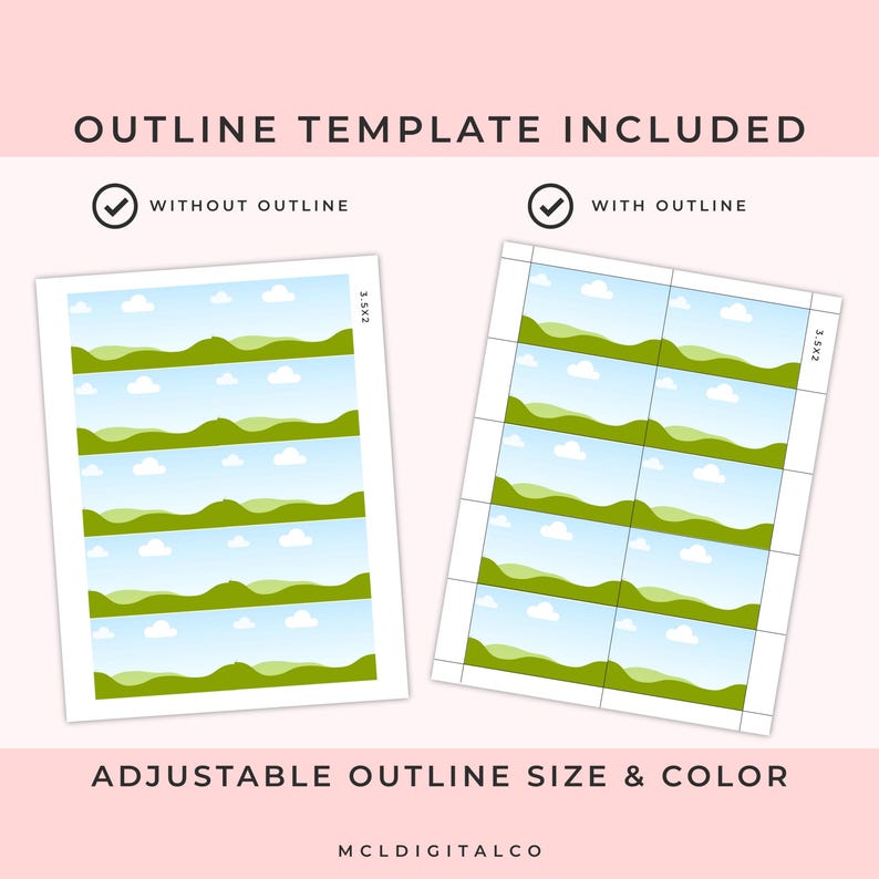 May include: Two white paper templates with landscape images, one with an outline and one without. The text "OUTLINE TEMPLATE INCLUDED" is at the top, and "ADJUSTABLE OUTLINE SIZE & COLOR" is at the bottom. The dimensions are 3.5 x 2 inches.