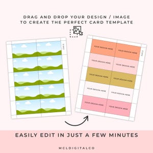 May include: Two card templates with the text "DRAG AND DROP YOUR DESIGN / IMAGE TO CREATE THE PERFECT CARD TEMPLATE" and "EASILY EDIT IN JUST A FEW MINUTES". One template features landscape images, the other has colored blocks with "YOUR DESIGN HERE".