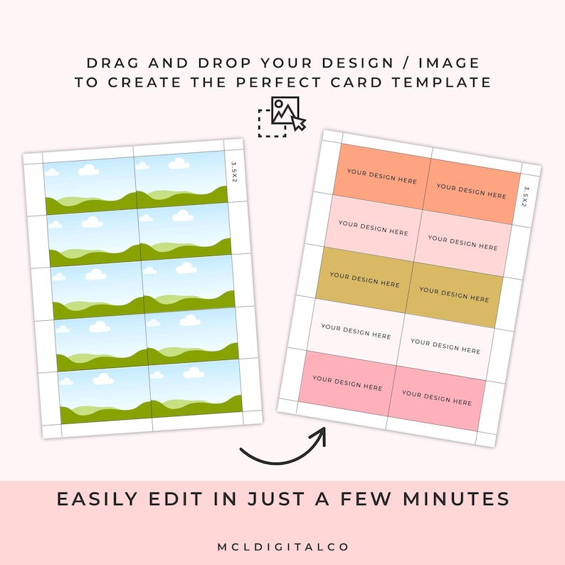 May include: Two card templates with the text "DRAG AND DROP YOUR DESIGN / IMAGE TO CREATE THE PERFECT CARD TEMPLATE" and "EASILY EDIT IN JUST A FEW MINUTES". One template features landscape images, the other has colored blocks with "YOUR DESIGN HERE".
