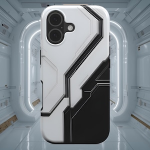 May include: A protective phone case featuring a high-contrast black and white geometric design with layered, angular panels. The case has a dedicated cutout for a dual-lens camera system and a flash, showcasing a sleek, rigid, and multi-dimensional surface.