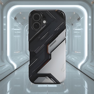 May include: A black and white phone case with a geometric design. The case has a futuristic aesthetic with orange accents. The phone case is shown in a futuristic hallway.