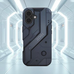 May include: Dark gray phone case with a futuristic, geometric design. The case features the text "Z041" and has cutouts for the phone's camera and buttons. The overall aesthetic is sleek and tech-inspired.