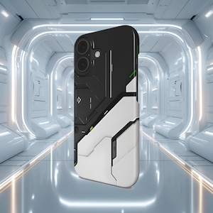 Könnte beinhalten: Eine schwarz-weiße Handyhülle mit futuristischem Design. Die Hülle hat geometrische Formen, Linien und einen Kameraausschnitt. Das Design integriert weiße und schwarze Paneele mit grünen Akzenten. Die Handyhülle wird vor einem futuristischen Hintergrund gezeigt.