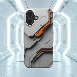 May include: A gray and orange phone case with a futuristic, geometric design. The case features a dual-lens camera cutout and a layered, textured pattern with orange accent lines. The overall aesthetic is modern and tech-inspired.