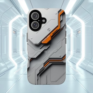May include: A white and grey phone case with an orange geometric design. The case has a futuristic, tech-inspired aesthetic, with a dual-lens camera cutout.