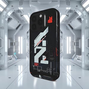 Op de afbeelding: Zwarte telefoonhoes met een wit en rood grafisch ontwerp. Het ontwerp heeft een gestileerd geometrisch patroon en de tekst "鬼" in rood.