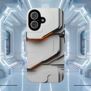May include: A white phone case with a geometric design featuring orange accents. The case has a raised camera bump with two lenses.