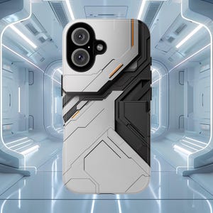 Op de afbeelding: Een witte telefoonhoes met een zwart en oranje geometrisch ontwerp. De hoes heeft een verhoogde camerabult met twee lenzen.