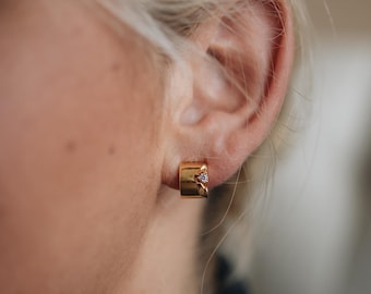 Gold Vermeil CZ Diamond Hoops: Sterling Silver Wide Earrings "MUSE"