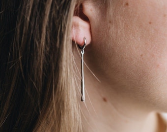 Sterling Silver Long Bar Dangle Earrings: Minimalist 18k Gold Accent "VELA"