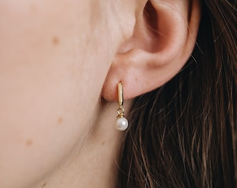 Pearl Drop Huggie Earrings: 18K Gold Vermeil, Sterling Silver "EVE"