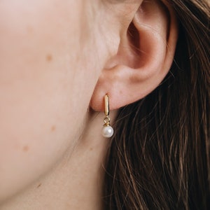 Pearl Drop Huggies, Dainty Huggie Earrings in Gold, Pearl Hoop Earrings, Bridesmaid Jewelry, Gift for Her, Waterproof Earrings, Stack | Eve