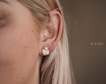 Textured Gold Studs with Elegant Pearl Accent - Sun-Kissed Gold with Lustrous Pearl, Dainty Freshwater Pearl Earrings, Valentines Day | Mira