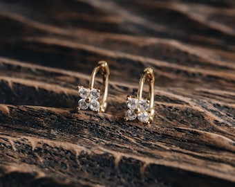 Leaf Crystal Earrings, Artisanal Petal Hoop Earrings, Elegant 18K Gold Vermeil, Tiny Crystal Earrings, Diamonds Earrings, Waterproof | Zuri