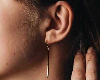 18k Gold Bar Drop Earrings: Sterling Silver Minimalist Hoops "VELA"