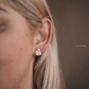 Textured Gold Studs with Elegant Pearl Accent - Sun-Kissed Gold with Lustrous Pearl, Dainty Freshwater Pearl Earrings, Valentines Day | Mira