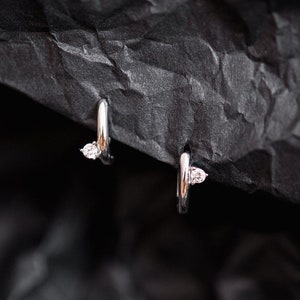 Tiny Silver Diamond Huggie Hoops, Adorable Diamond Huggie Earrings, Memorial Gift, Minimalist Earrings, Bridesmaid Gift, Gift for Her | Hugi