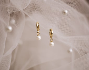 Dangling Pearl Hoop Earrings: 18K Gold Vermeil, Sterling Silver, Wedding Jewelry "EVE"