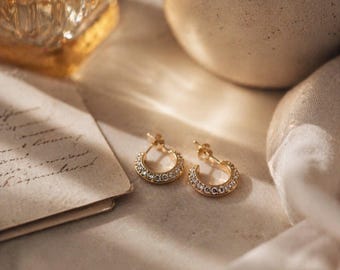 Gold Pave Hoop Earrings, 18K Gold Vermeil over 925 Sterling Silver, Small CZ Crescent Hoops, Christmas Gift for Her, Celine