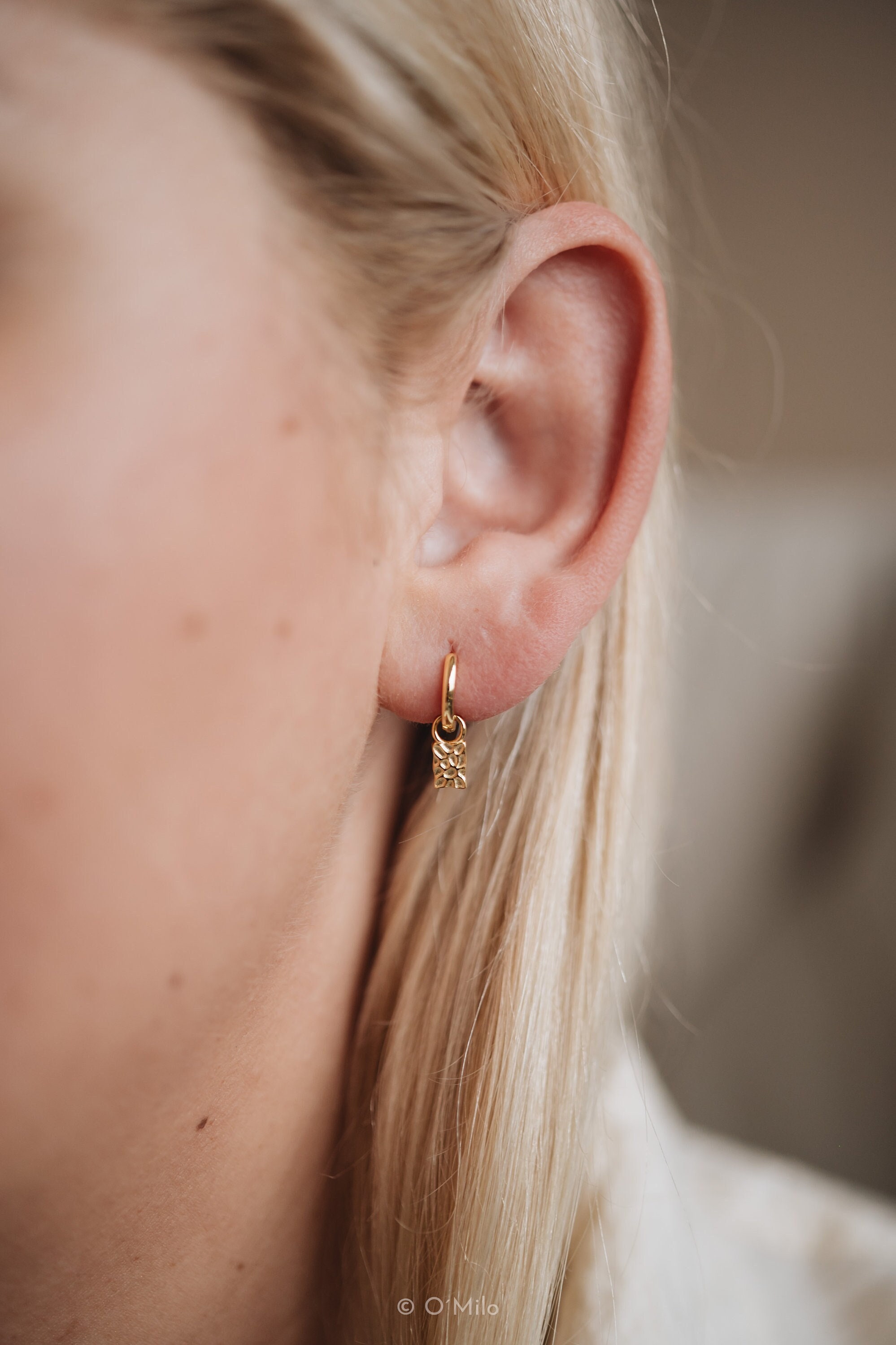 Hammered Gold Earrings, Small Gold Rectangle Earrings, Dangle Hoops With Textured Rectangle Charm, 925 Silver With 18K Gold Vermeil | Esme