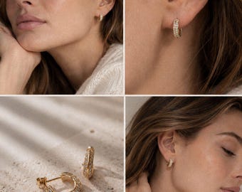 Gold Pave Hoop Earrings, 18K Gold Vermeil over 925 Sterling Silver, Small CZ Crescent Hoops, Gift for Mom from Daughter, Celine
