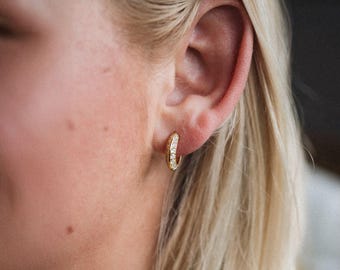 Gold Pave Bridal Hoop Earrings, 18K Gold Vermeil over 925 Sterling Silver, 15mm CZ Crescent Hoops, Minimalist Wedding Jewelry, Celine