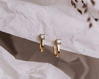 Diamond Huggie Hoops - Small Gold Hoops, Dainty Diamond Earrings, Minimalist Earrings, Sustainable Jewelry Gift, Waterproof | Iris
