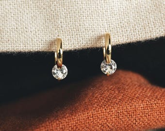 Handmade Gold Vermeil Hoop Earrings: CZ Diamond Sterling Silver Huggies "AURORA"