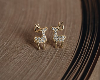 Pendientes de ciervo con diamantes de circonita cúbica: oro vermeil de 18 quilates, plata de ley, pendientes para niña "BAMBI"