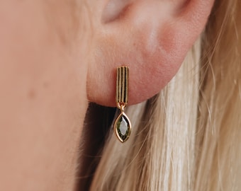 Peridot Leaf Stud Earrings - Green Crystal Earrings, Marquise Gemstone Jewelry, Summer Beach Jewelry for Her, Ribbed Bar Peridot Drop | Leaf