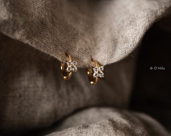 Crystal Flower Hoop Earrings: 18K Gold Vermeil Huggies "ZURI"