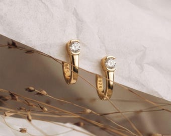 Solitaire CZ Huggie Earrings • 18K Gold Vermeil or Sterling Silver • Small Everyday Hoops • Birthday Gift for Her • Iris