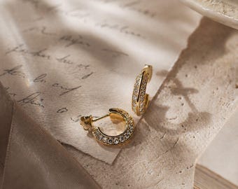 Gold Pave Hoop Earrings, 18K Gold Vermeil over 925 Sterling Silver, 15mm CZ Crescent Hoops, Wedding Guest Jewelry, Celine