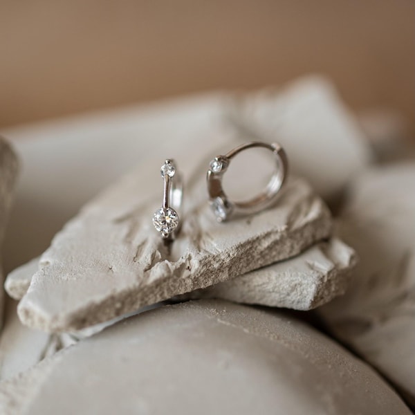925 Sterling Silver Diamond Huggie Earrings: 18K Gold Vermeil, Hypoallergenic, Waterproof