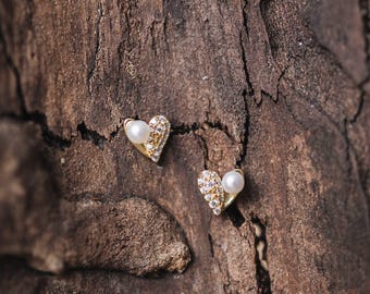 Pearl Heart Bridal Stud Earrings, 18K Gold Vermeil over 925 Sterling Silver, Tiny Pave Hearts, Minimalist Wedding Jewelry, Cara