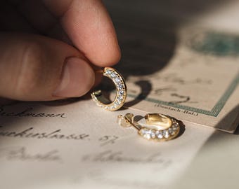 Gold Pave Hoop Earrings, 18K Gold Vermeil over 925 Sterling Silver, 15mm CZ Crescent Hoops, 30th Birthday Gift for Her, Celine