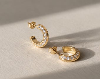 Gold Pave Hoop Earrings, 18K Gold Vermeil over 925 Sterling Silver, 15mm CZ Crescent Hoops, Anniversary Gift for Wife, Celine