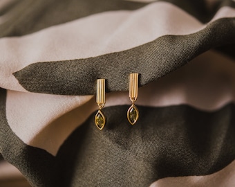 Peridot Leaf Earrings: 18K Gold Vermeil Dangle, 925 Sterling Silver