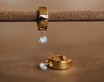 Art Deco Gold Hoop Earrings: CZ Diamond Huggies, Sterling Silver "ORA"