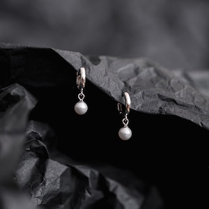 Pearl Dangle Drop Earrings: Sterling Silver, Gold Plated Huggie, Bridal Gift &quot;EVE&quot;