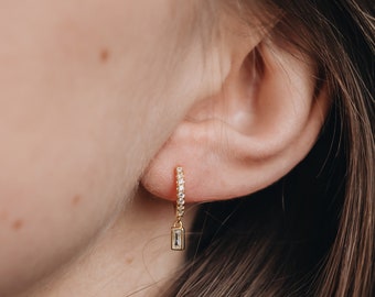 Diamond Charm Huggie Hoop Earrings: Trending Baguette Hoops, Refined Earrings for Every Occasion, Valentine's Day Gift, Minimalist | Aura