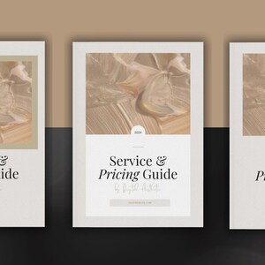May include: Three cover pages with the text "Service & Pricing Guide" in a serif font. The covers have a beige and white color scheme with an abstract art design. The words "COVER PAGES" are at the bottom in a serif font.