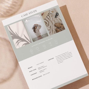 May include: Case study document with a light gray background. The document features a photo of a woman wearing a white sweater and a straw hat standing in the ocean. The document also includes the words "CASE STUDY" and "ACCOUNTS REACH OUT TO ASK FOR", along with icons for a heart, a comment bubble, a shopping bag, and a magnifying glass. The document also includes the words "BRAND", "POST TYPE", "CONTENT", and "RELEASE DATE".