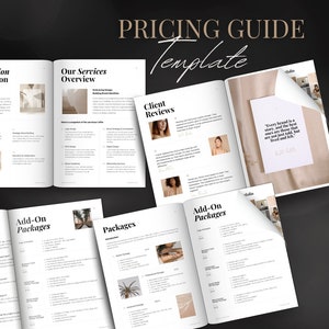 May include: A pricing guide template for a business. The guide includes sections for the business's mission and vision, services overview, client reviews, add-on packages, and packages. The template is designed to be visually appealing and easy to read.