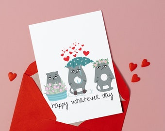 Funny cat postcard for Valentine's Day for cat lovers with humor and funny saying Love DIY printable card cat anti-valentines day