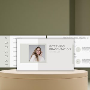 May include: A presentation slide with the title "Interview Presentation" and the speaker's name "Andrea Schiller". The slide also includes a list of topics, including "About Me", "Background", "Experience", "Motivation", "Future", and "Conclusion".