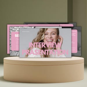 May include: A stack of presentation slides with a woman smiling in the front slide. The text on the front slide reads "Interview Presentation".