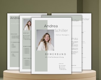 May include: A set of professional resume templates featuring a clean white layout with sage green accents. The documents include a square portrait photo, the name Andrea Schiller, the title Rollout Managerin, and the text BEWERBUNG als Stellenbezeichnung.